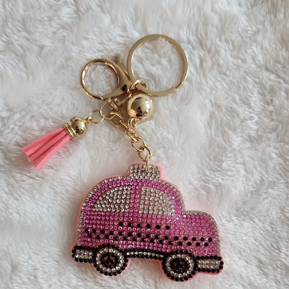 Pink Taxi Sparkling Rhinestone Car Keychain Bag Charm